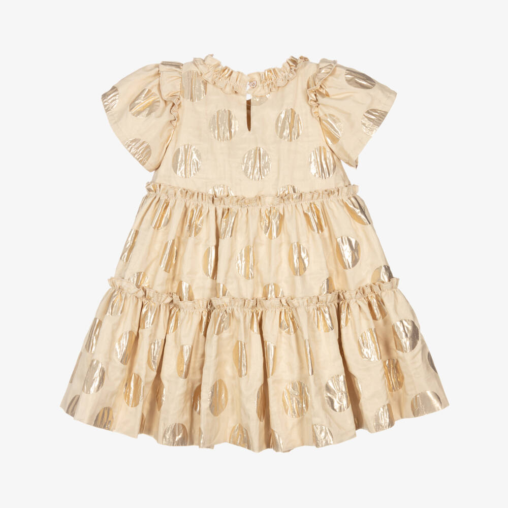 Monnalisa-Girls Shimmery Gold Dot Frock | Childrensalon Outlet