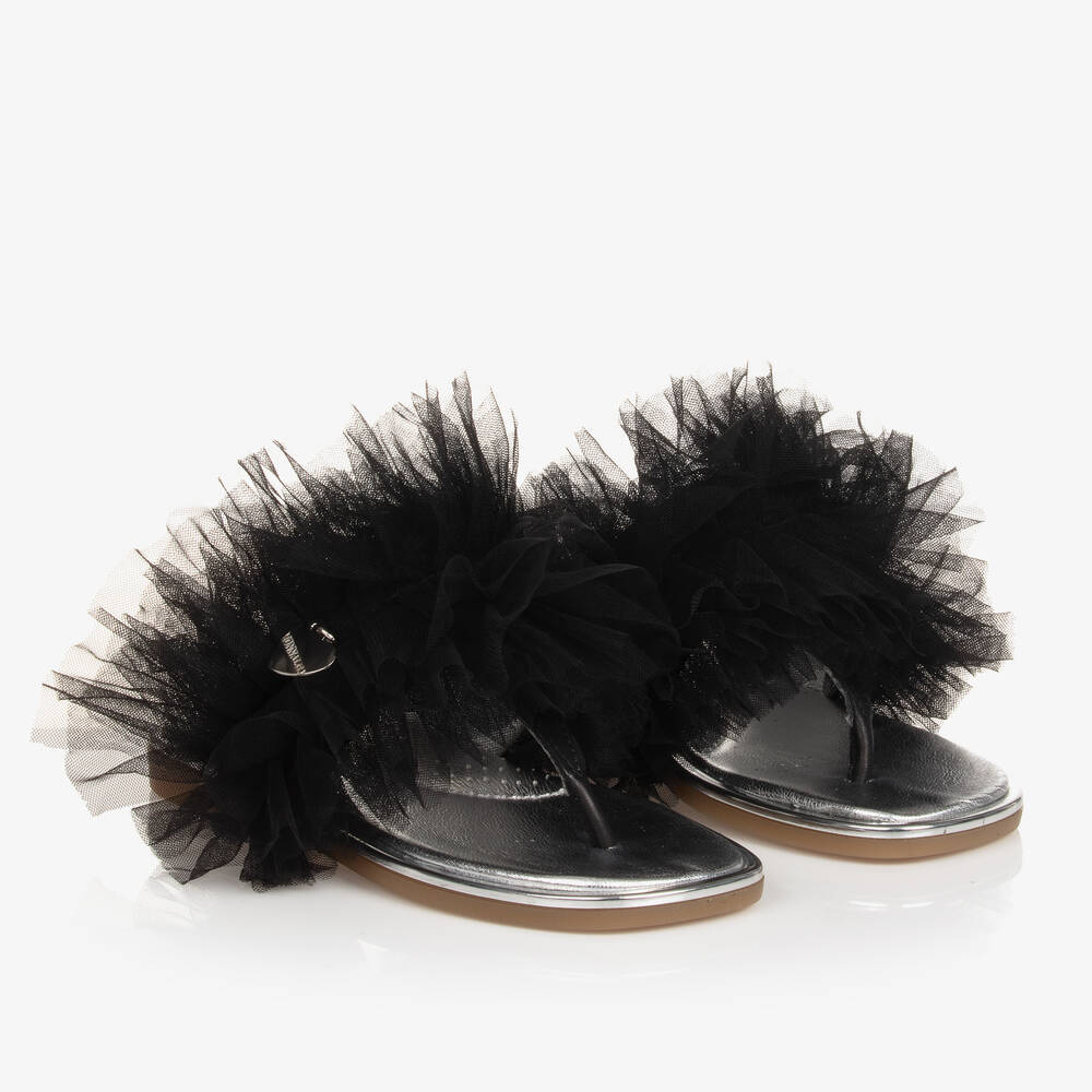Monnalisa-Girls Silver & Black Ruffle Flip Flops | Childrensalon Outlet