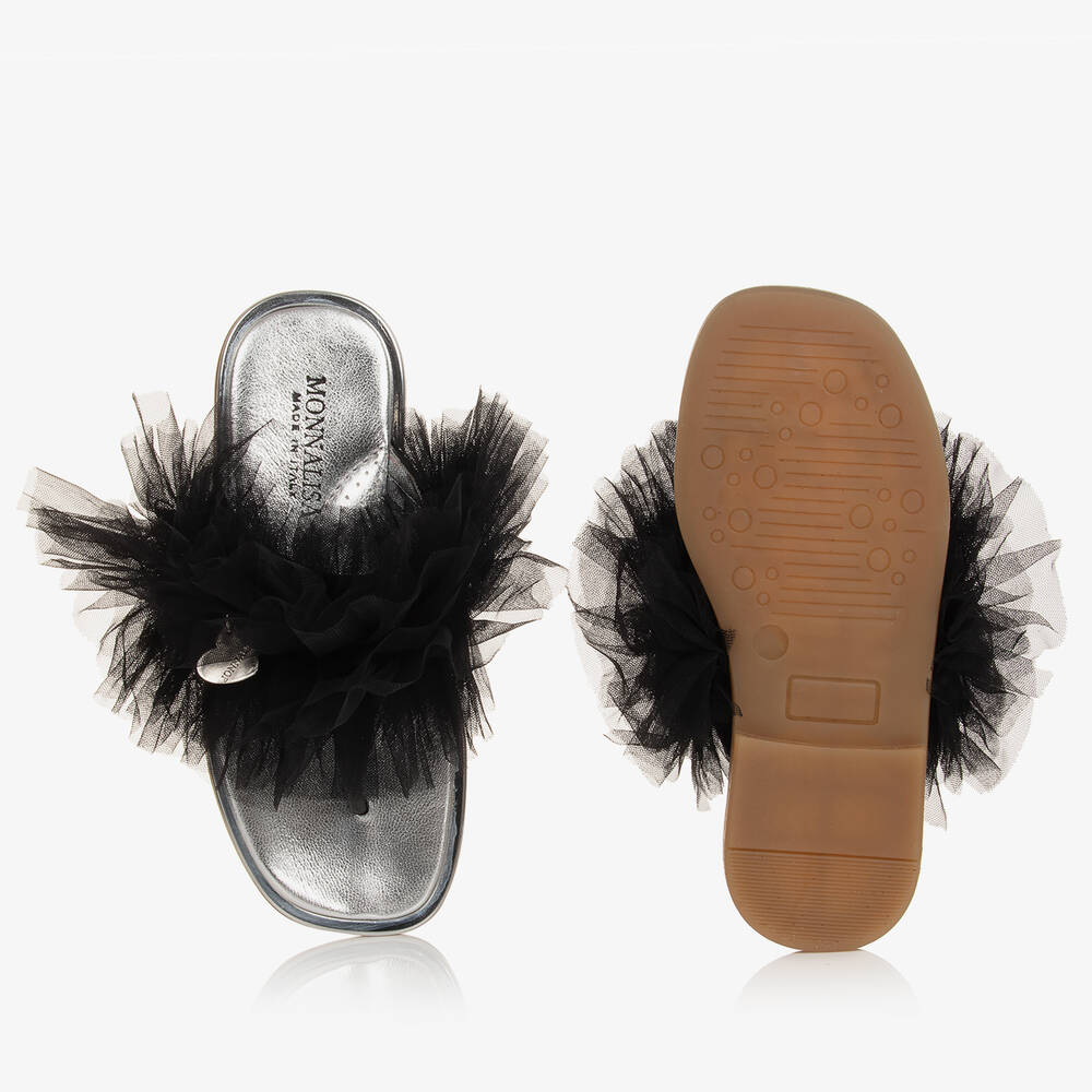 Monnalisa-Girls Silver & Black Ruffle Flip Flops | Childrensalon Outlet