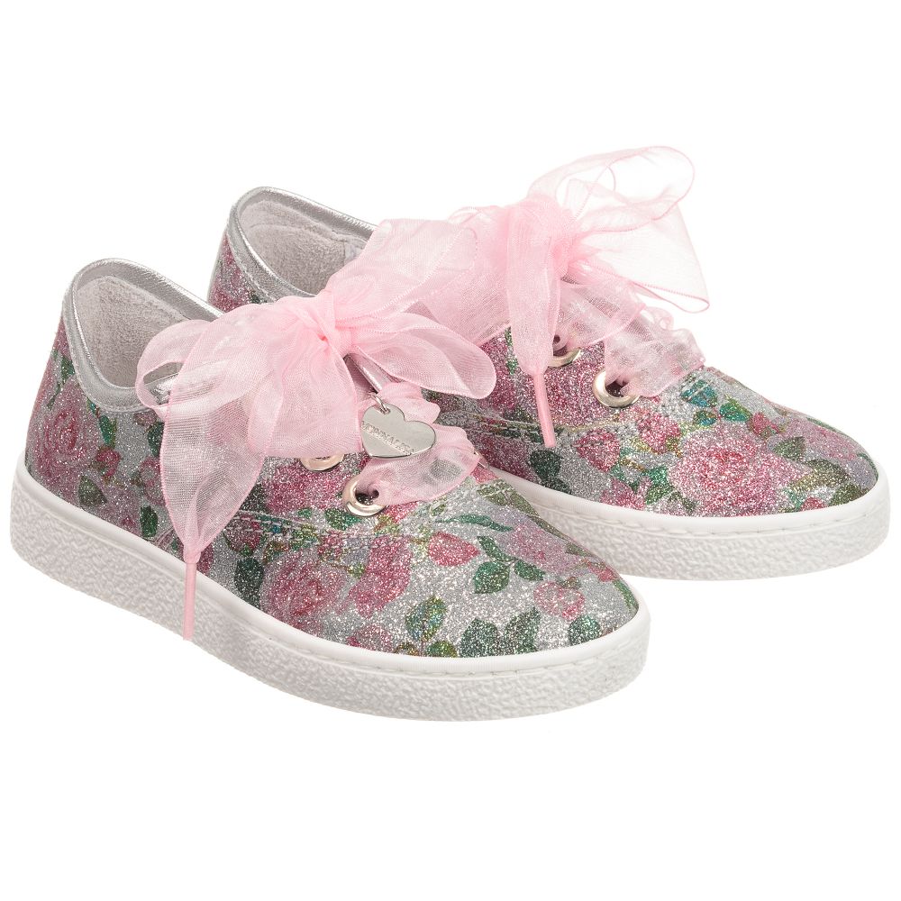 Monnalisa - Girls Silver Floral Trainers | Childrensalon