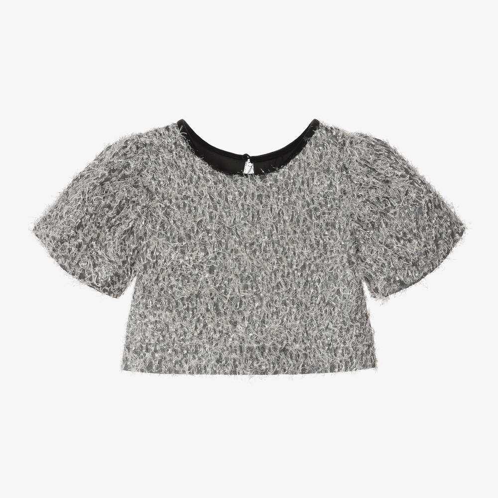 Monnalisa Chic - Silbernes T-Shirt mit Lurex-Fransen | Childrensalon