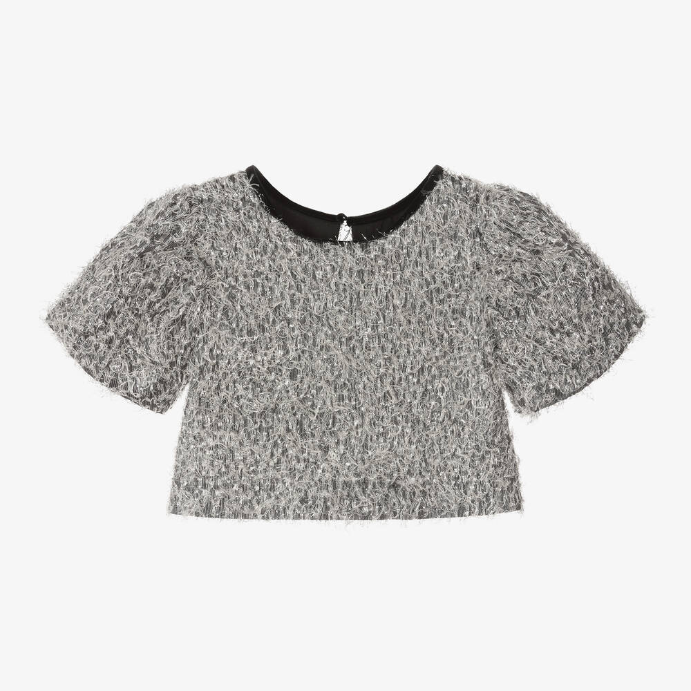 Monnalisa Chic - T-shirt argenté en lurex à franges | Childrensalon