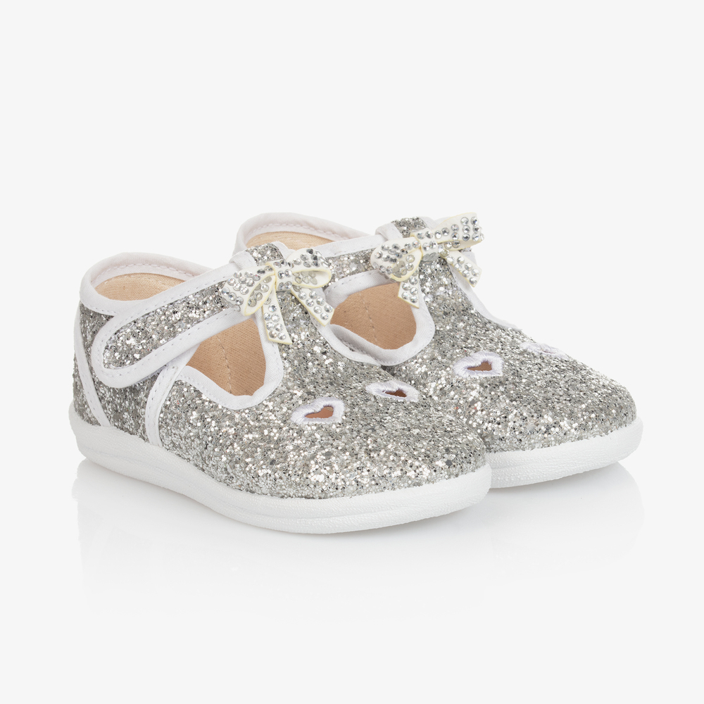 Monnalisa - Girls Silver Glitter Bow Shoes | Childrensalon
