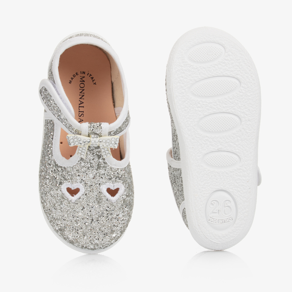 Monnalisa Girls Silver Glitter Bow Shoes Childrensalon Outlet