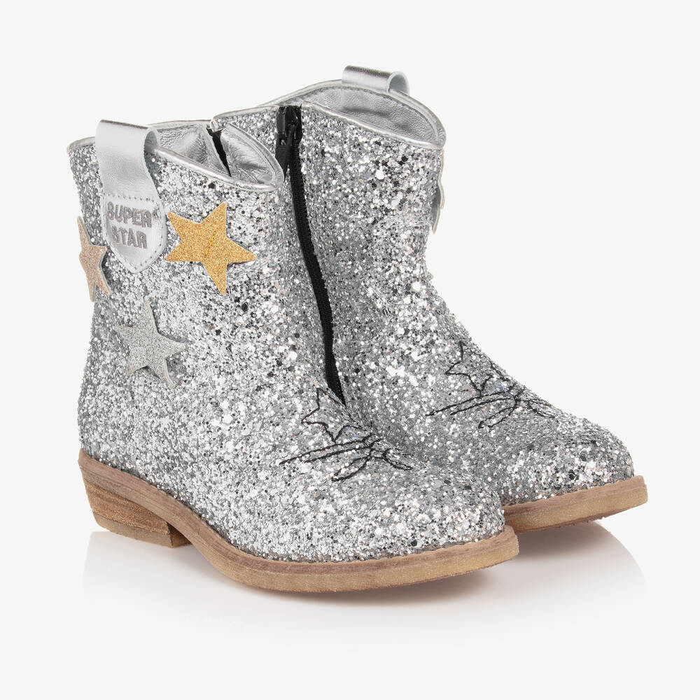 Girls Silver Glitter Leather Cowboy Boots