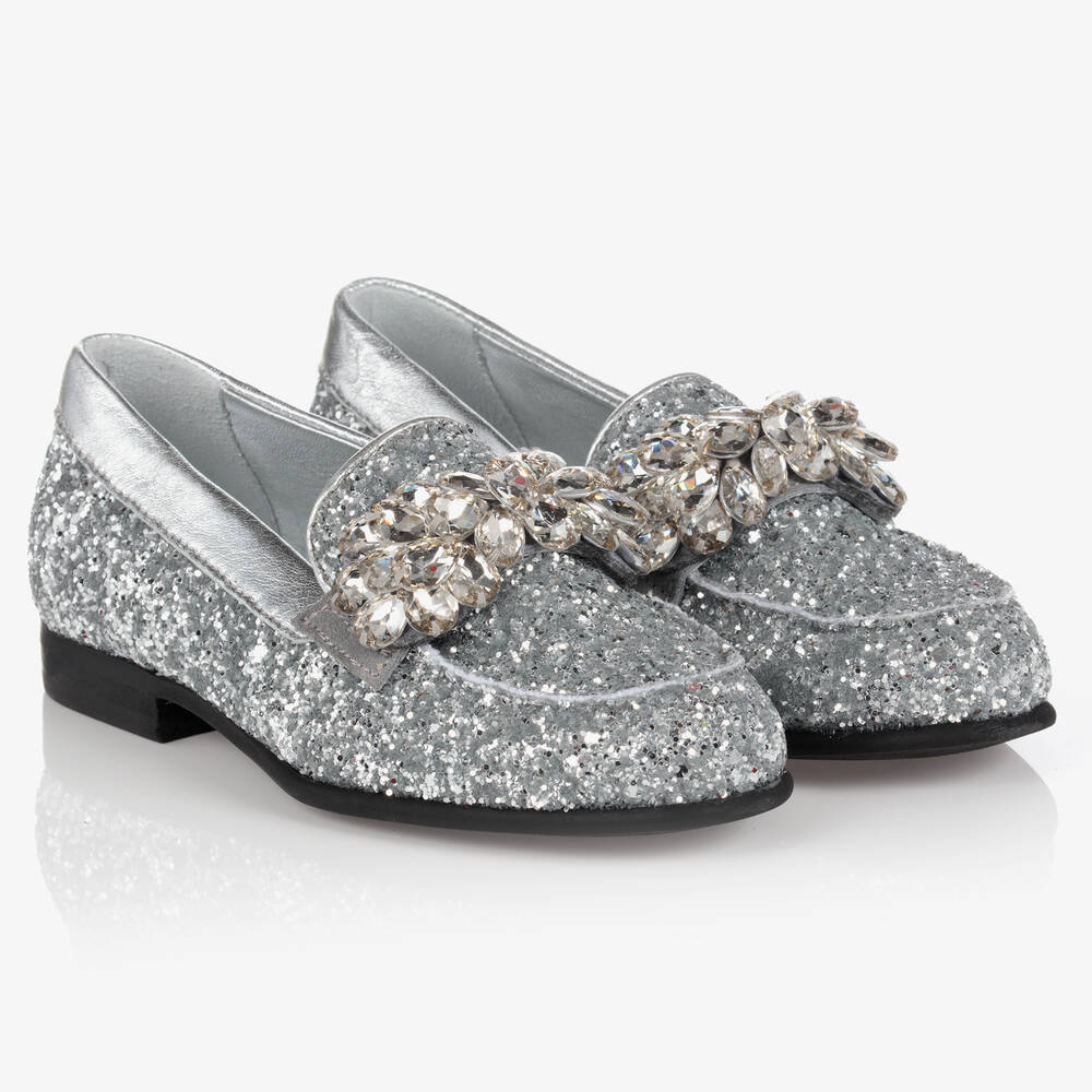 Monnalisa - Girls Silver Glitter Loafers | Childrensalon