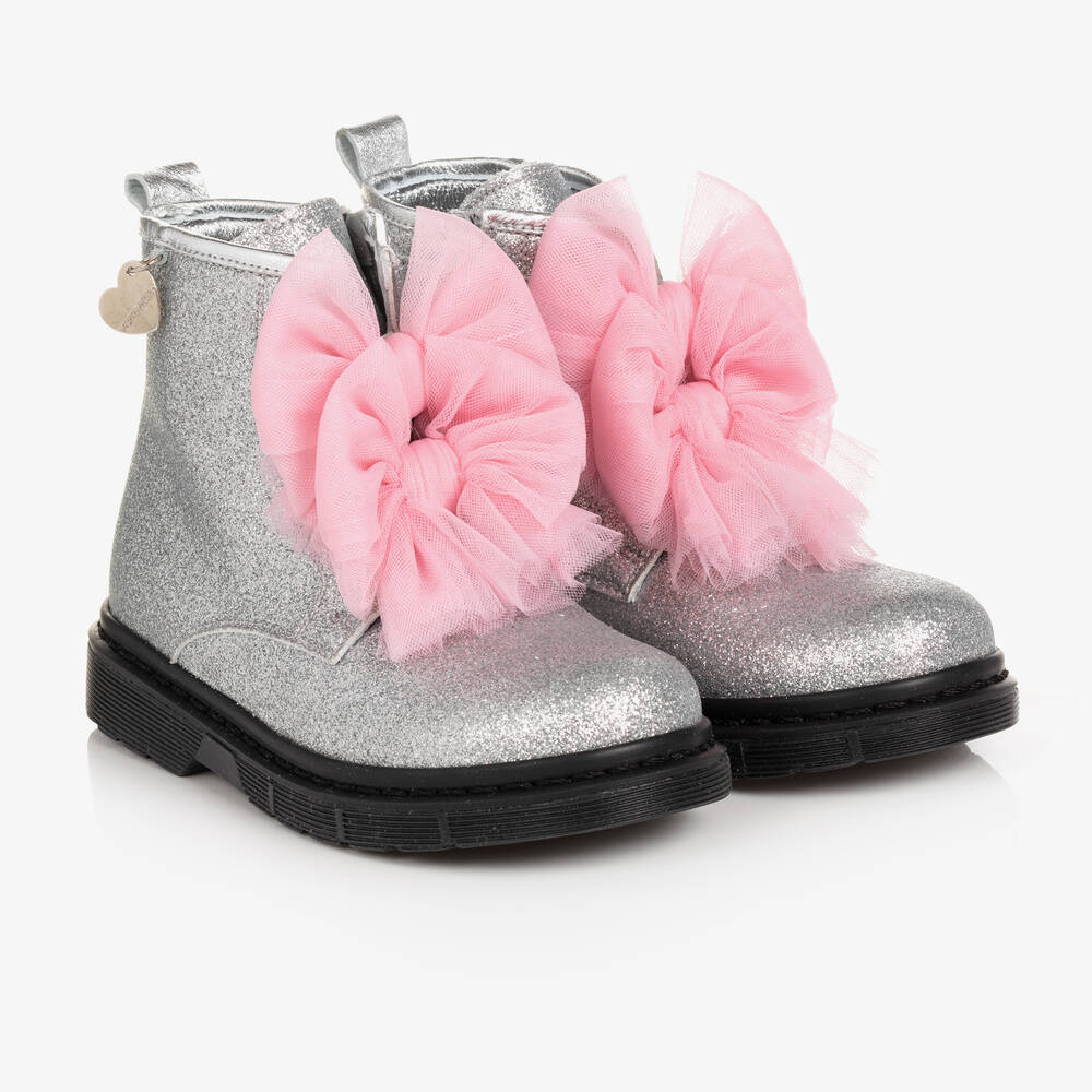 Monnalisa - Girls Silver Glitter Tulle Bow Boots | Childrensalon