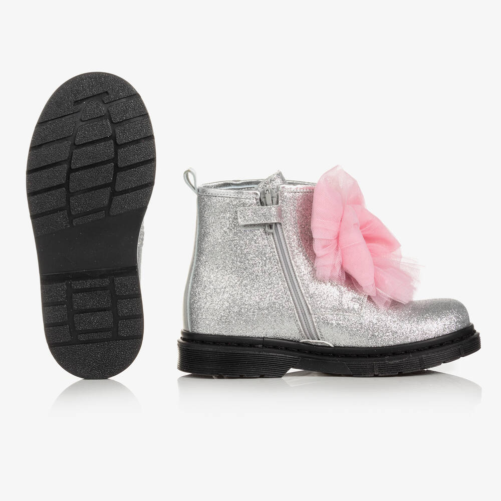 Monnalisa-Серебристые ботинки с бантами из тюля | Childrensalon Outlet