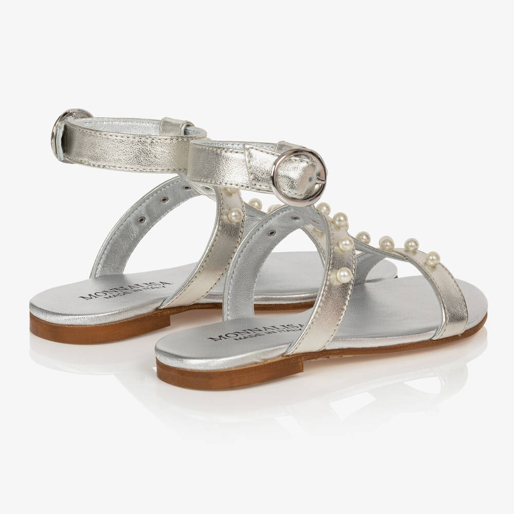 Monnalisa-Girls Silver Leather & Pearl Sandals | Childrensalon Outlet