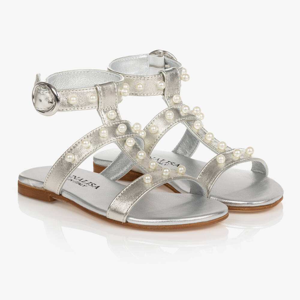 Monnalisa - Girls Silver Leather & Pearl Sandals | Childrensalon