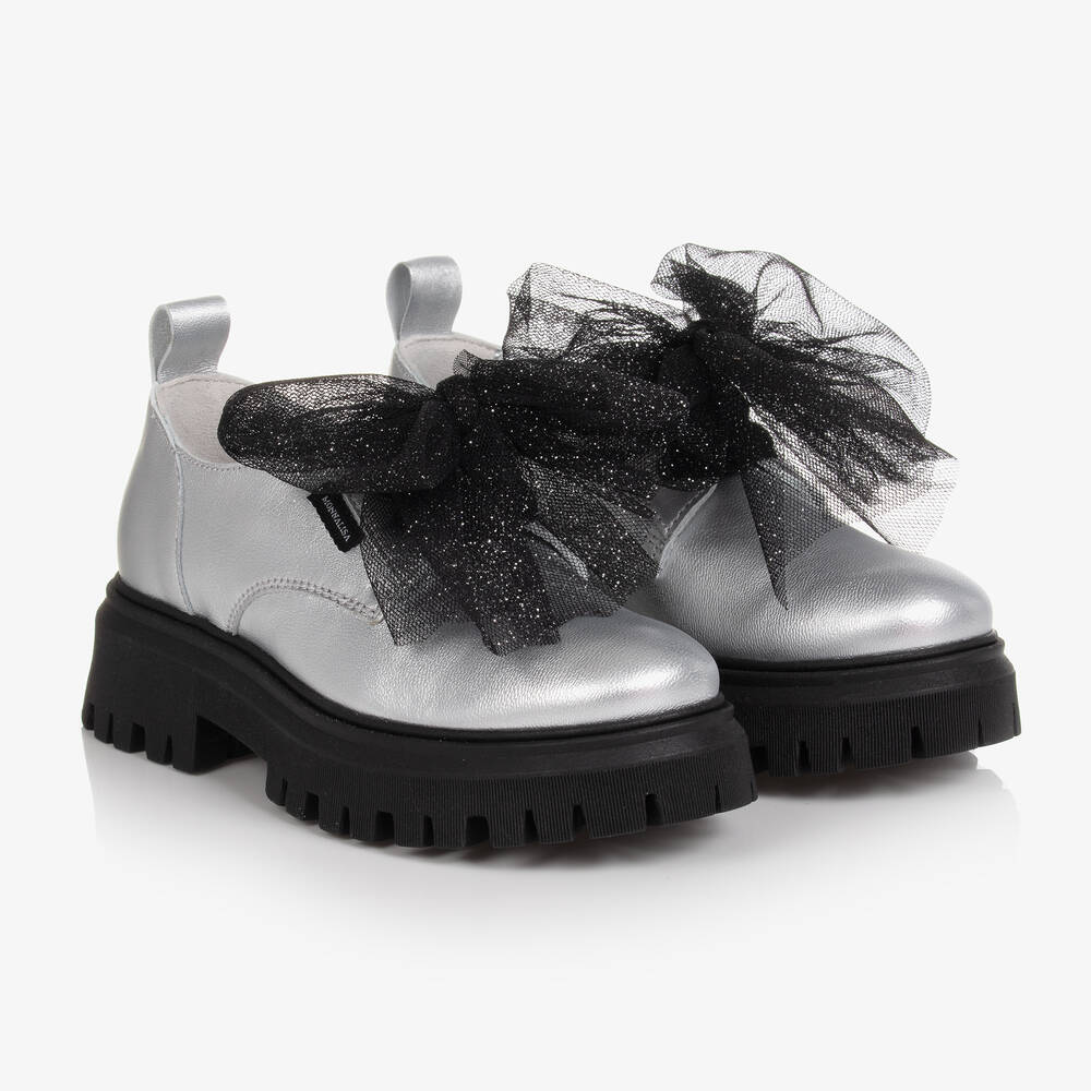 Monnalisa - Серебристые кожаные туфли с бантами из тюля | Childrensalon