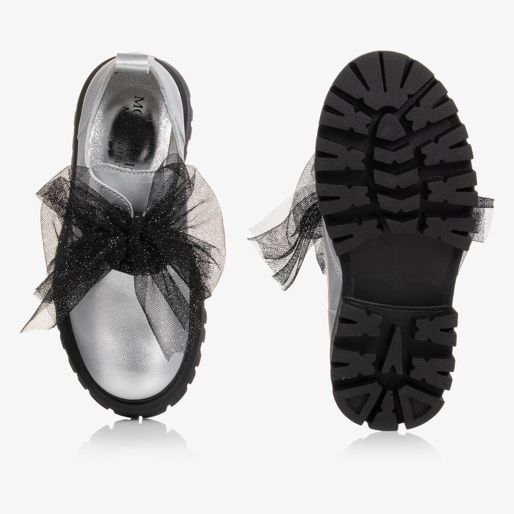 Monnalisa-Серебристые кожаные туфли с бантами из тюля | Childrensalon Outlet