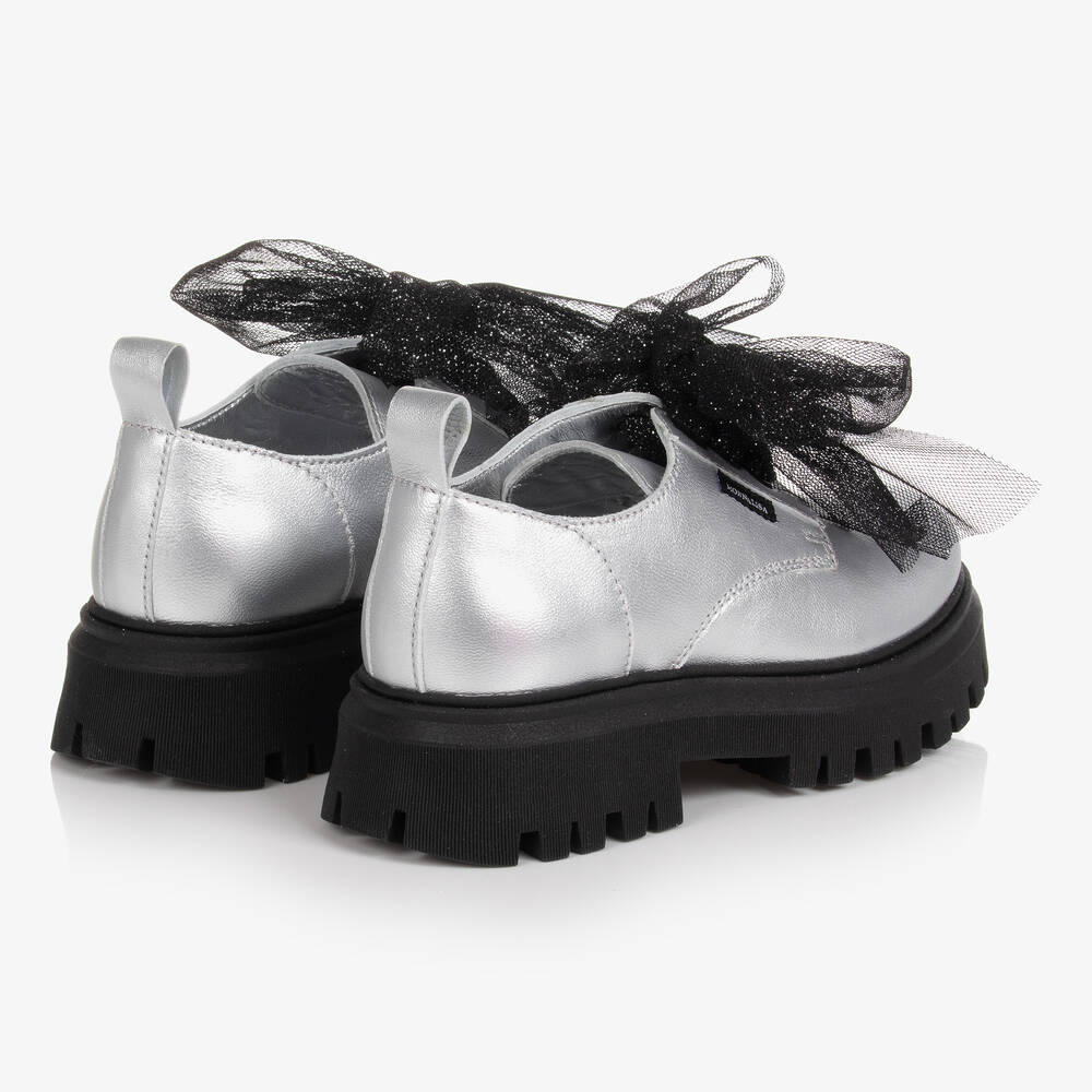 Monnalisa-Серебристые кожаные туфли с бантами из тюля | Childrensalon Outlet