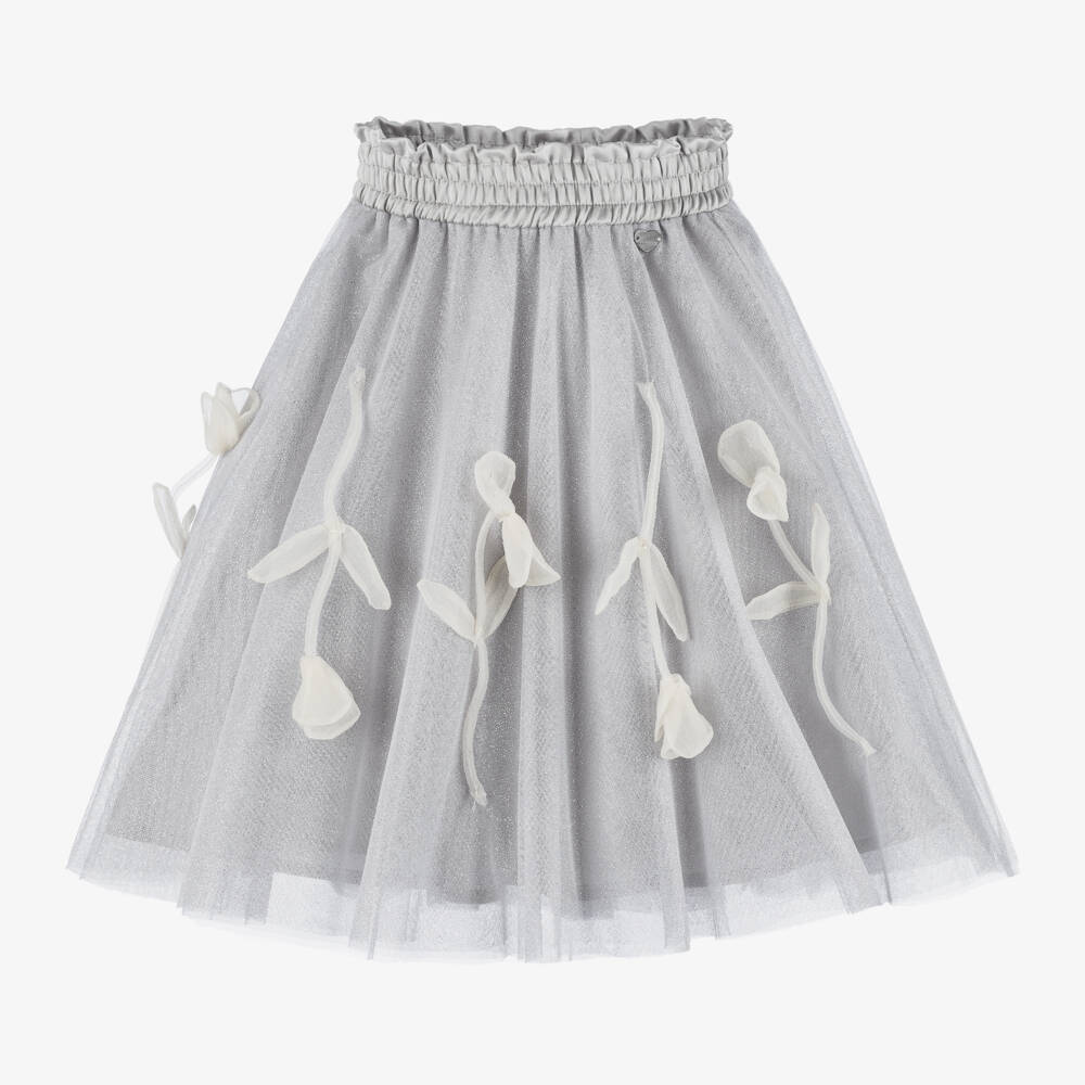 Monnalisa-Girls Silver Sparkle Tulle Floral Skirt | Childrensalon Outlet