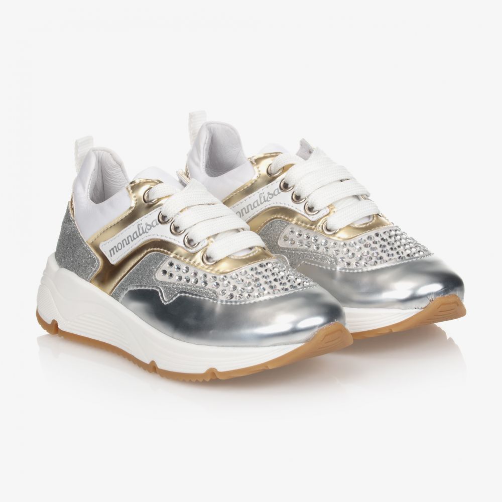 Monnalisa - Girls Silver & White Trainers | Childrensalon