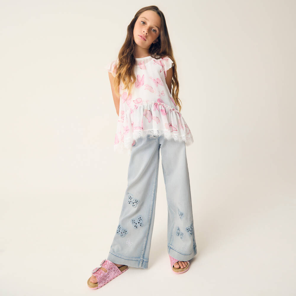 Monnalisa-بنطلون جينز أزرق للبنات بتصميم فراشة متألقة | Childrensalon Outlet