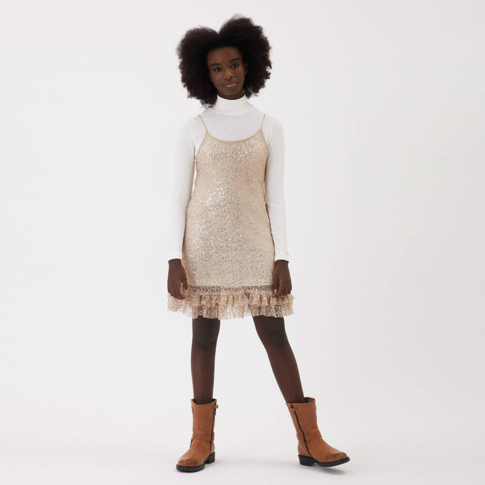 Monnalisa-Girls Sparkling Sequinned Gold Dress Set | Childrensalon Outlet