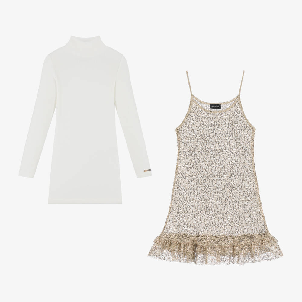 Monnalisa-Girls Sparkling Sequinned Gold Dress Set | Childrensalon Outlet