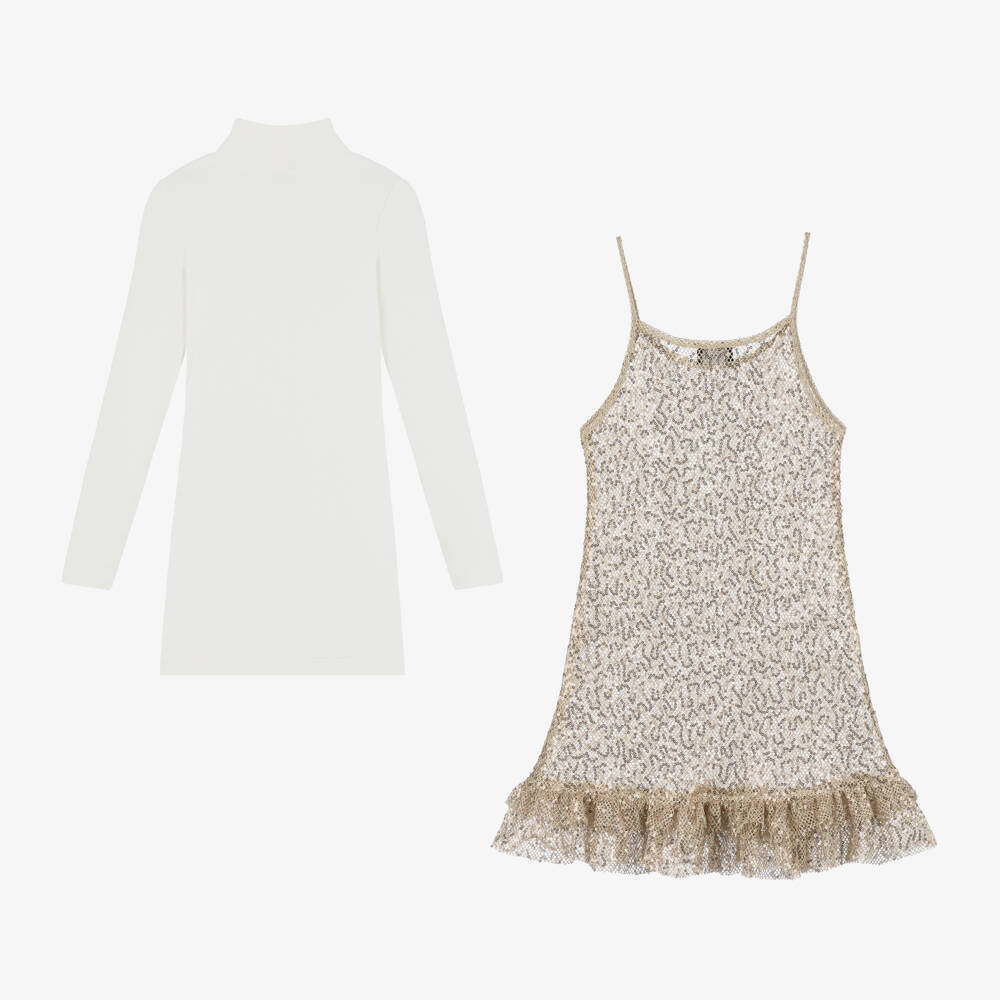 Monnalisa-Girls Sparkling Sequinned Gold Dress Set | Childrensalon Outlet