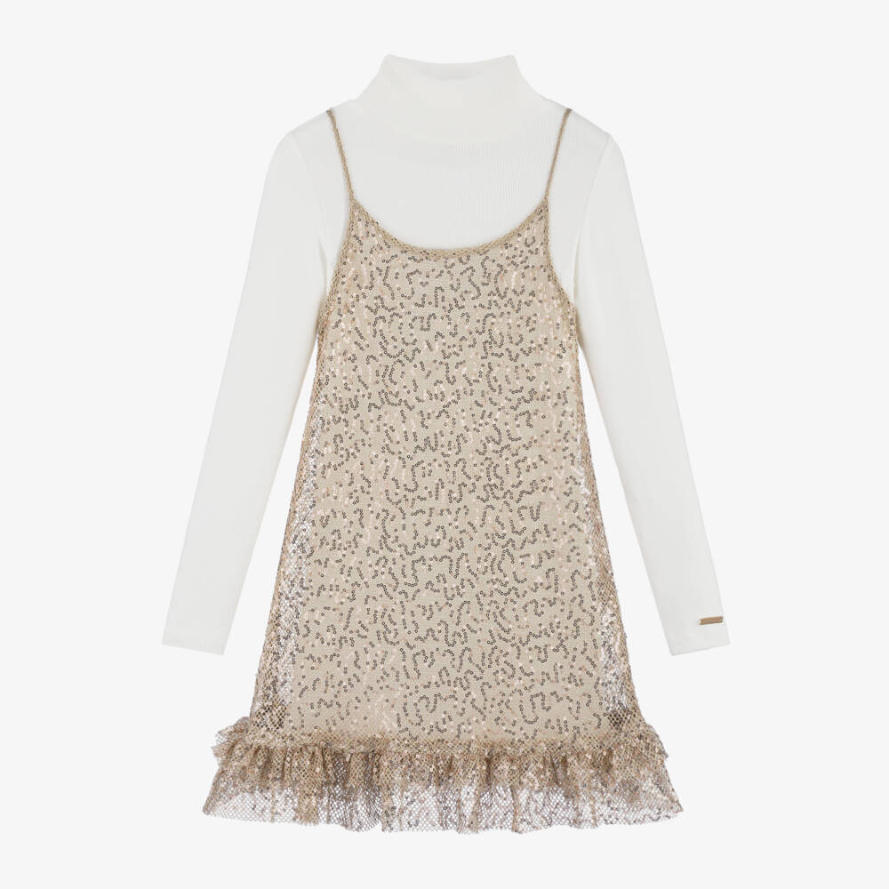 Monnalisa-Girls Sparkling Sequinned Gold Dress Set | Childrensalon Outlet