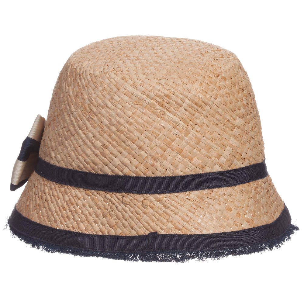 Monnalisa Chic-Girls Straw Hat with Navy Blue Trim & Bow | Childrensalon Outlet