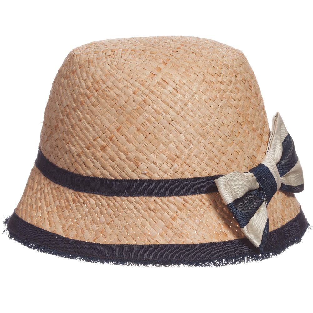 Monnalisa Chic - Girls Straw Hat with Navy Blue Trim & Bow | Childrensalon