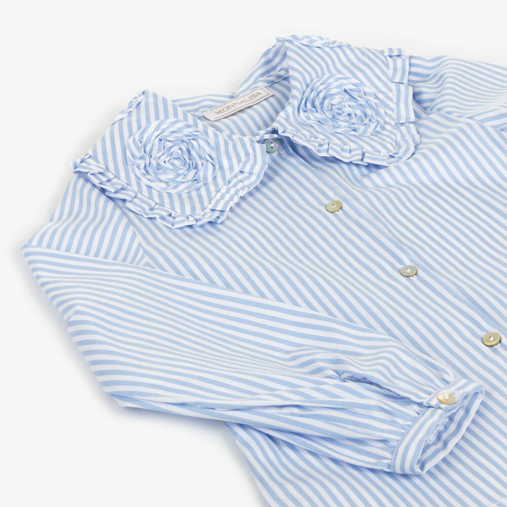 Monnalisa-بلوزة مقلمة قطن لون أزرق فاتح للبنات | Childrensalon Outlet