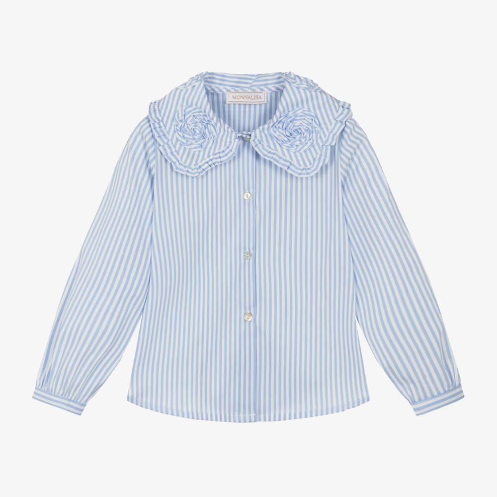 Monnalisa-Girls Striped Blue Collared Top | Childrensalon Outlet