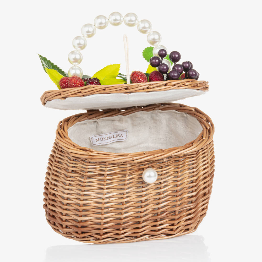 Monnalisa-Girls Tan Wicker Berry Satchel | Childrensalon Outlet