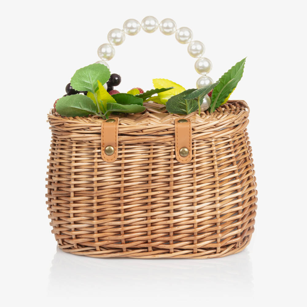 Monnalisa-Girls Tan Wicker Berry Satchel | Childrensalon Outlet