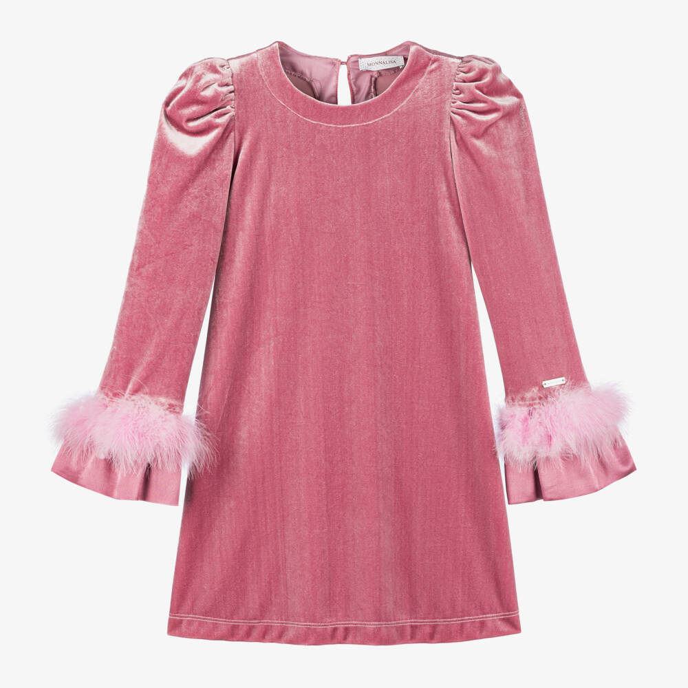 Monnalisa-Girls Velour Pink Dress with Feathers | Childrensalon Outlet