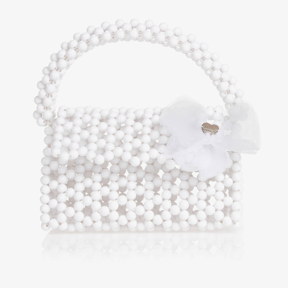 Monnalisa - Girls White Beaded Handbag (19cm) | Childrensalon