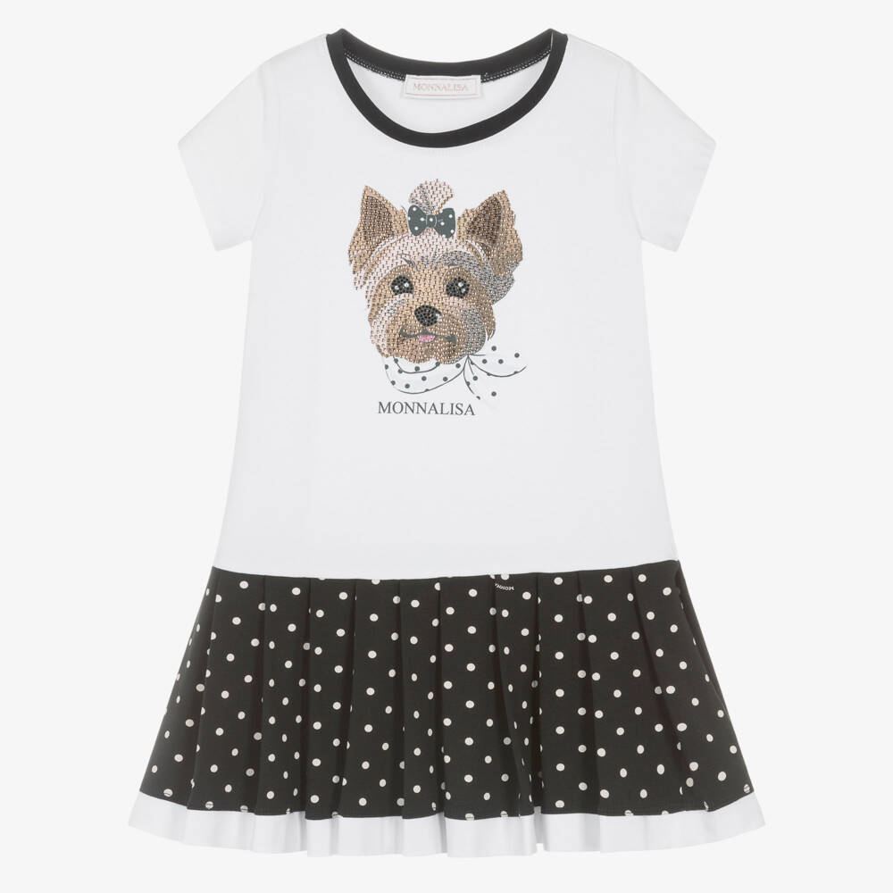 Monnalisa-Girls White & Black Jersey Dress with Diamanté Dog | Childrensalon Outlet