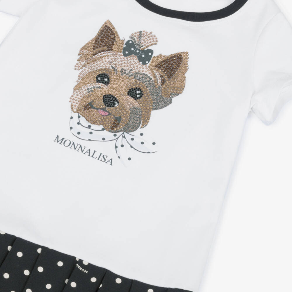 Monnalisa-Girls White & Black Jersey Dress with Diamanté Dog | Childrensalon Outlet