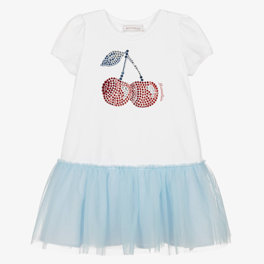 Monnalisa - Бело-голубое хлопковое платье с вишнями | Childrensalon
