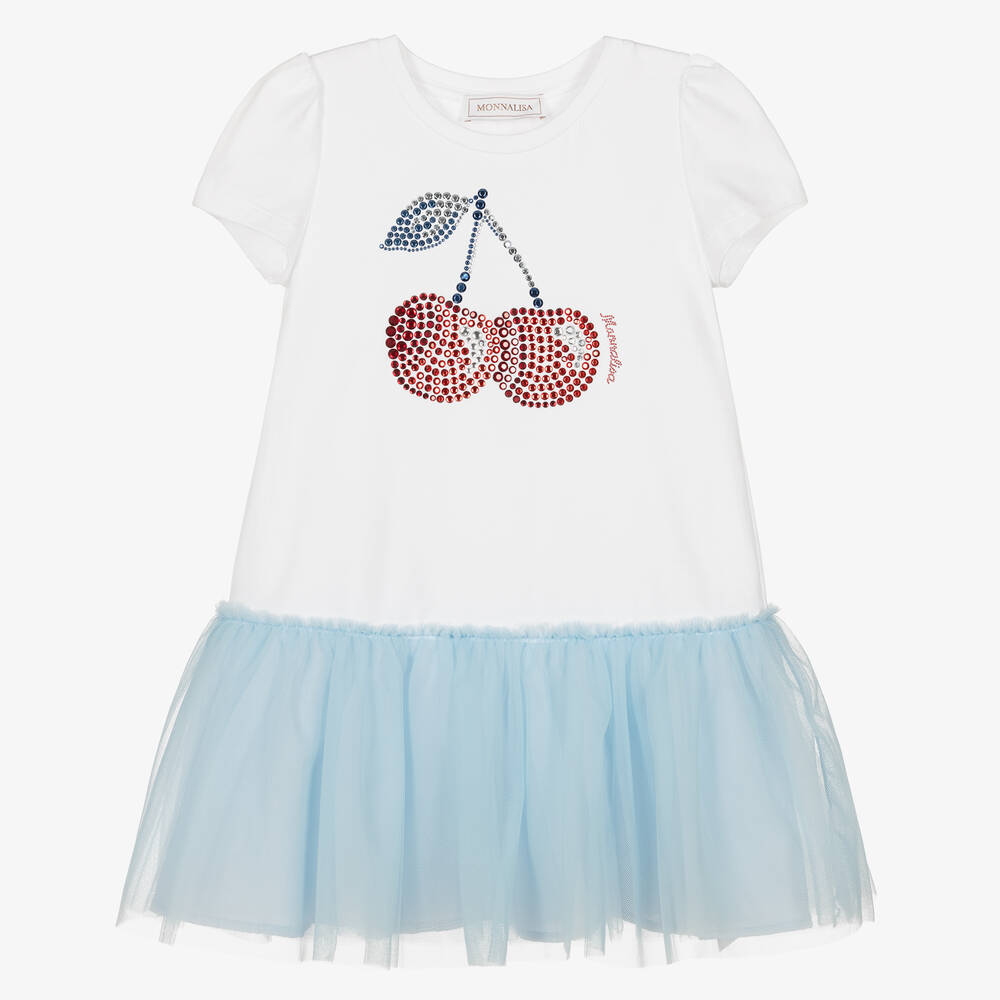 Monnalisa-Girls White & Blue Cotton Cherry Dress | Childrensalon Outlet