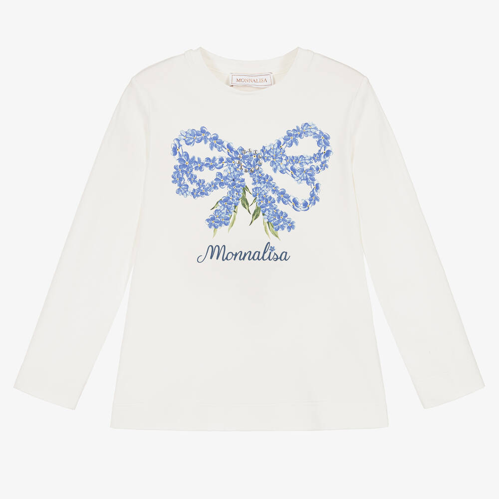 Monnalisa - Girls White & Blue Cotton Floral Bow Top | Childrensalon
