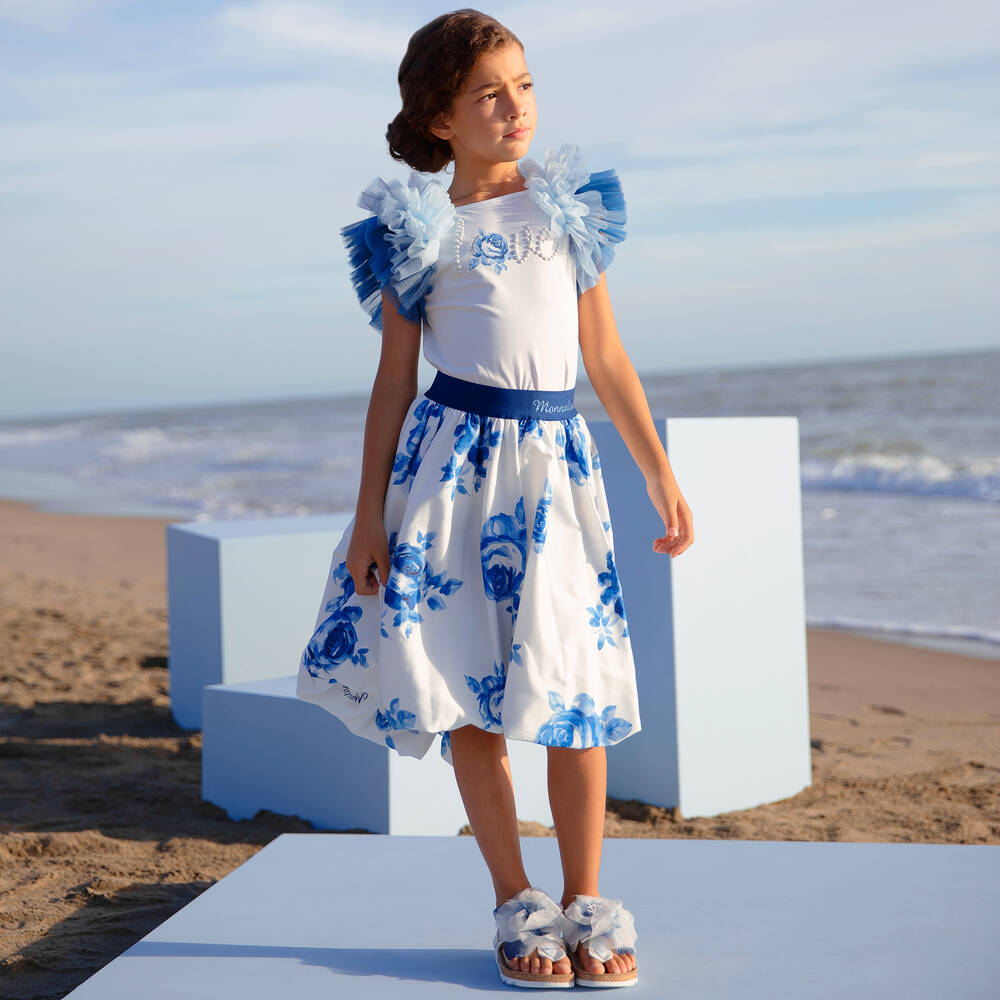 Monnalisa Chic-Girls White & Blue Floral Cotton Skirt | Childrensalon Outlet
