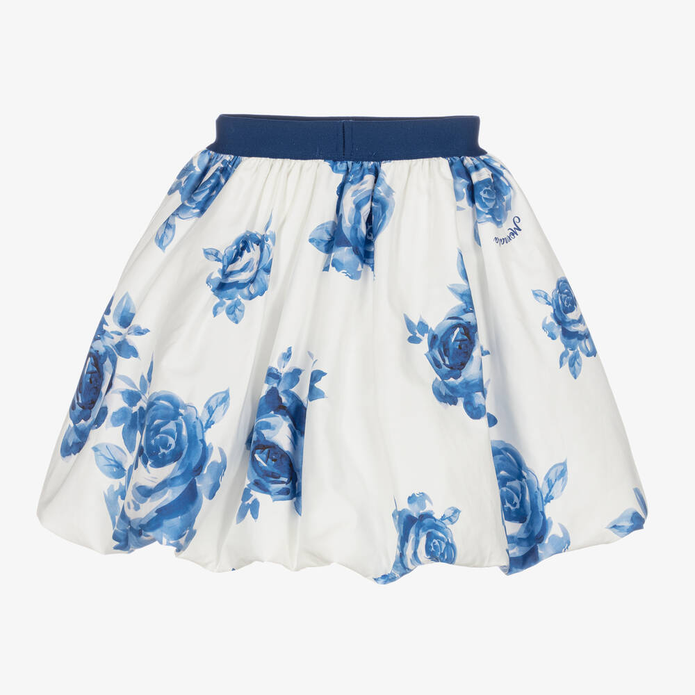 Monnalisa Chic-Girls White & Blue Floral Cotton Skirt | Childrensalon Outlet