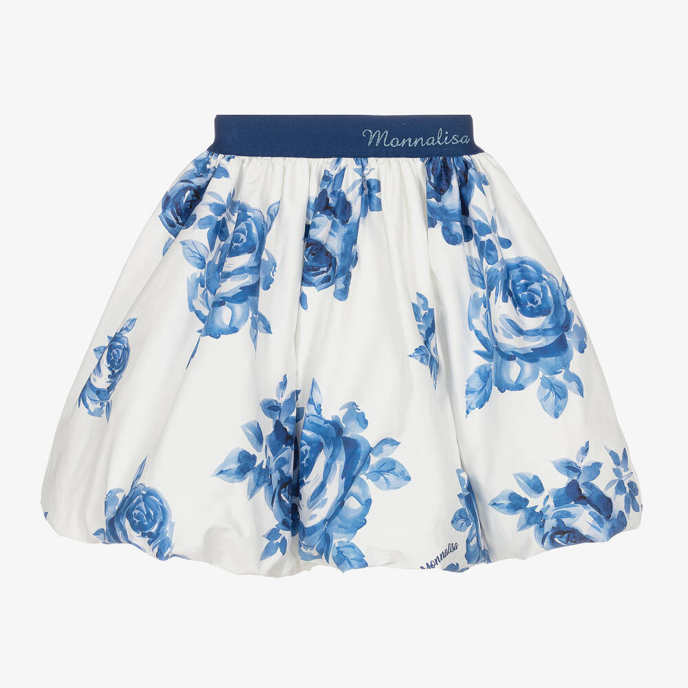 Monnalisa Шик-Белая хлопковая юбка с голубыми цветами | Childrensalon Outlet