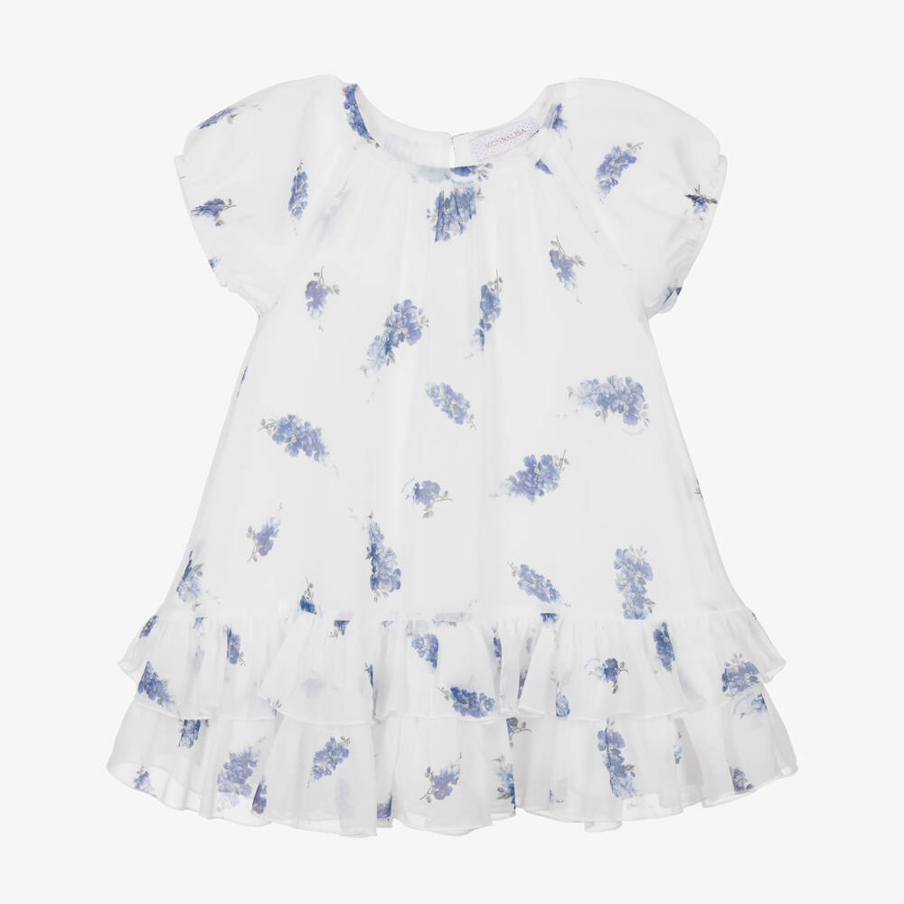 Monnalisa Chic-Girls White & Blue Floral Crêpe Chiffon Dress | Childrensalon Outlet
