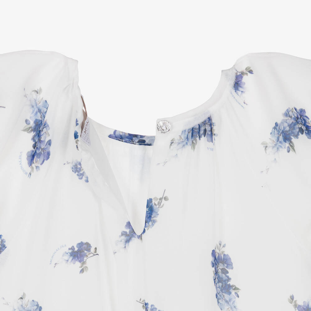 Monnalisa Chic-Girls White & Blue Floral Crêpe Chiffon Dress | Childrensalon Outlet