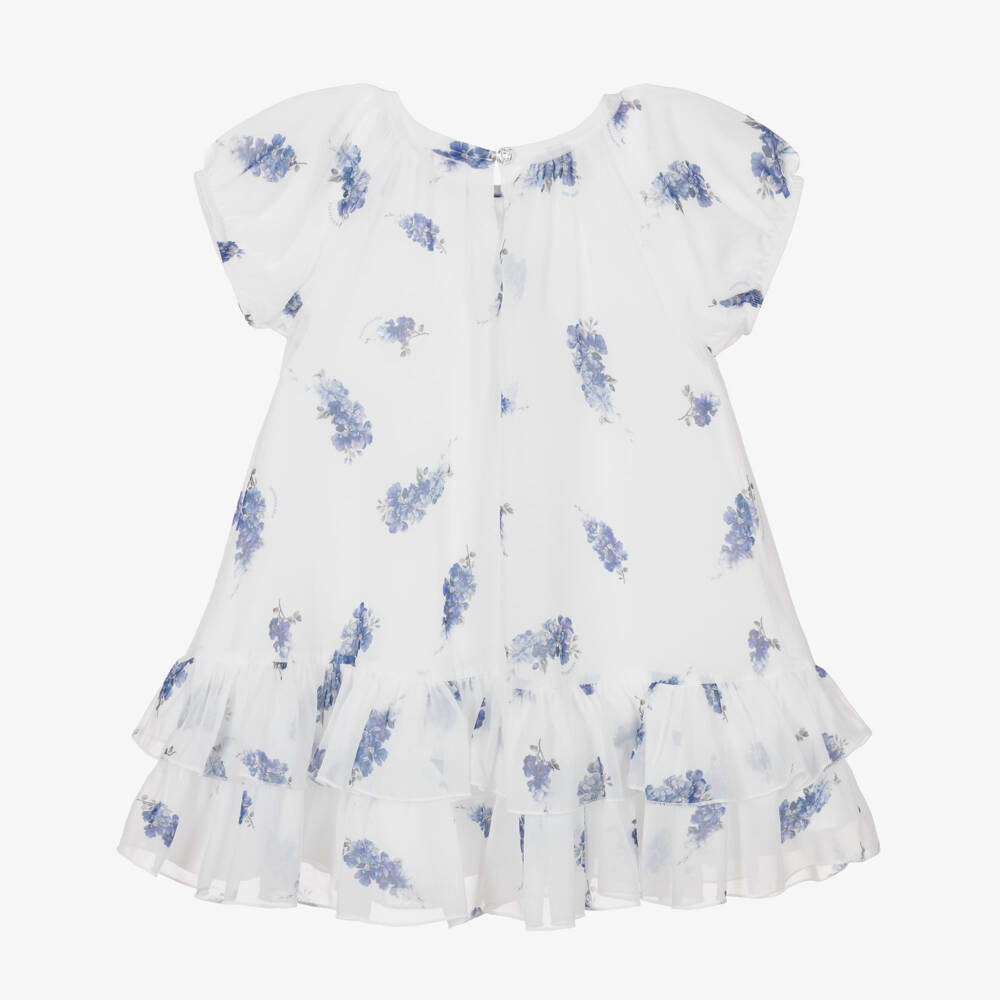 Monnalisa Chic-Girls White & Blue Floral Crêpe Chiffon Dress | Childrensalon Outlet
