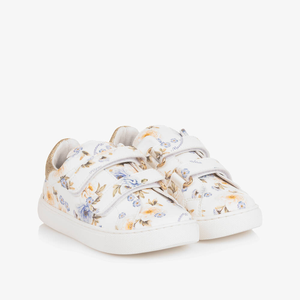 Monnalisa-Girls White & Blue Floral Faux Leather Trainers | Childrensalon Outlet