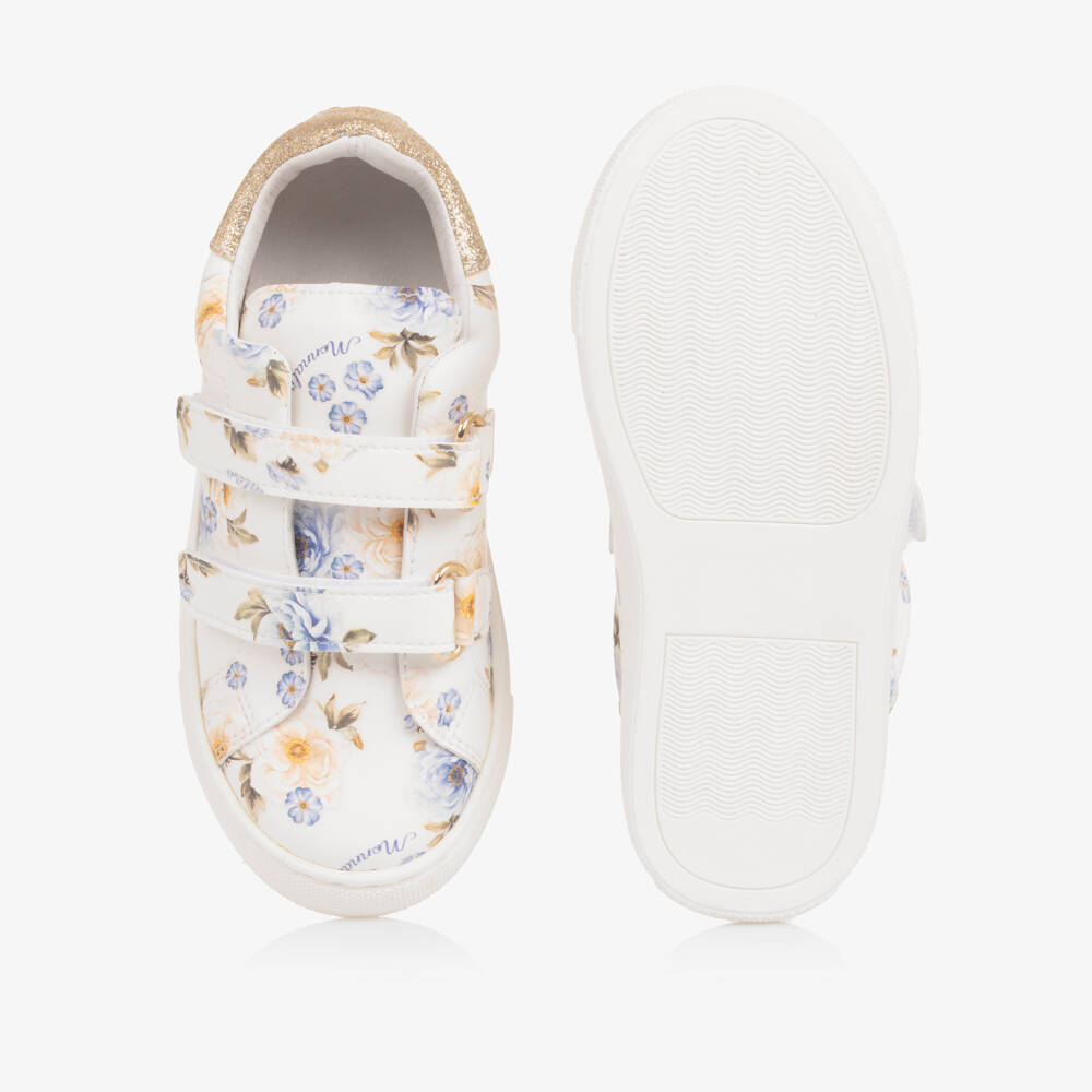 Monnalisa-Girls White & Blue Floral Faux Leather Trainers | Childrensalon Outlet