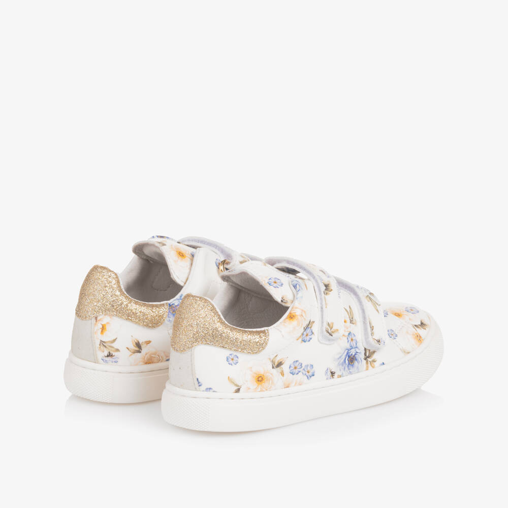 Monnalisa-Girls White & Blue Floral Faux Leather Trainers | Childrensalon Outlet