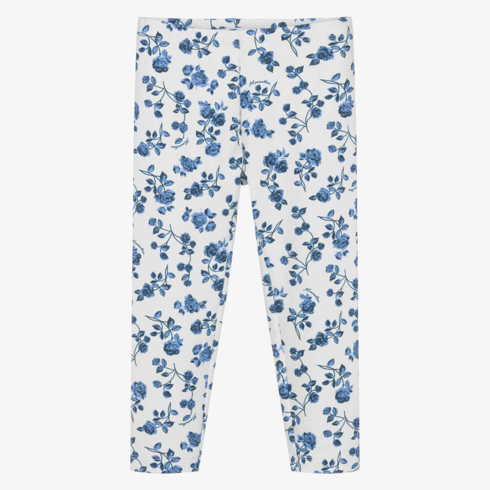 Monnalisa-Girls White & Blue Floral Jersey Leggings | Childrensalon Outlet