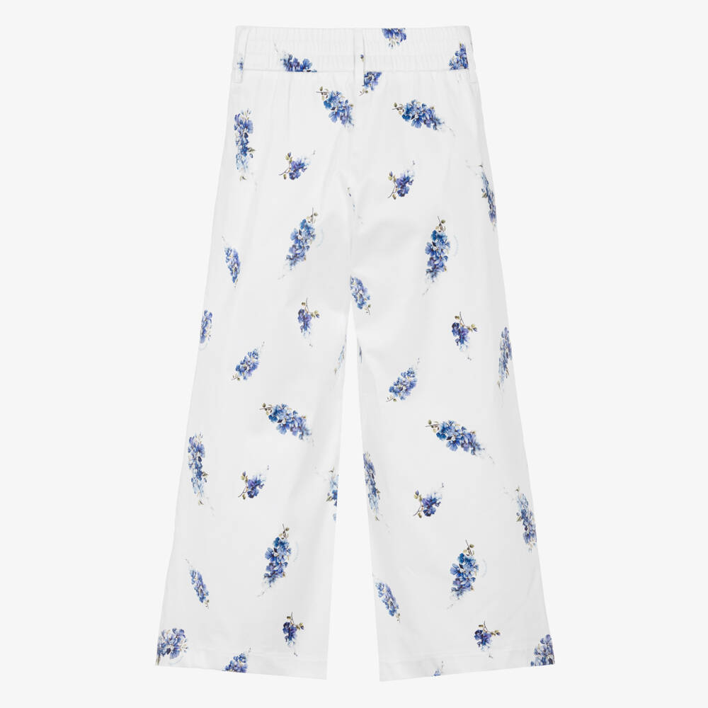 Monnalisa Chic-Girls White & Blue Floral Print Cotton Wide-Leg Trousers | Childrensalon Outlet