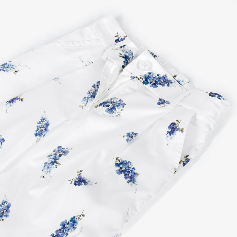 Monnalisa Chic-Girls White & Blue Floral Print Cotton Wide-Leg Trousers | Childrensalon Outlet