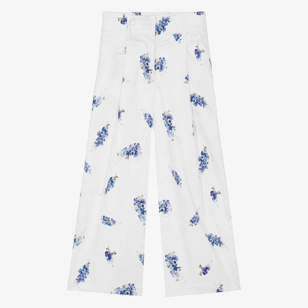 Monnalisa Chic-Girls White & Blue Floral Print Cotton Wide-Leg Trousers | Childrensalon Outlet
